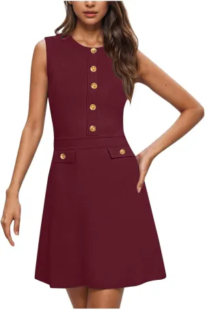 Women's Sleeveless A-Line Dress 2025 Summer Button Elegant Mini Dresses Slim Wear to Work Business Office Dress