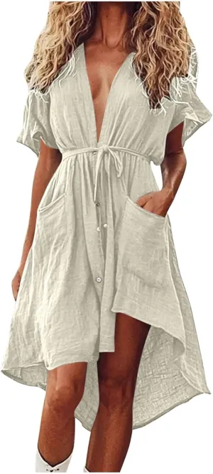 Womens Summer Button Down Shirt Dress Casual Floral Short Sleeve Sexy V Neck Midi Dress Tie Waist High Low Sundress