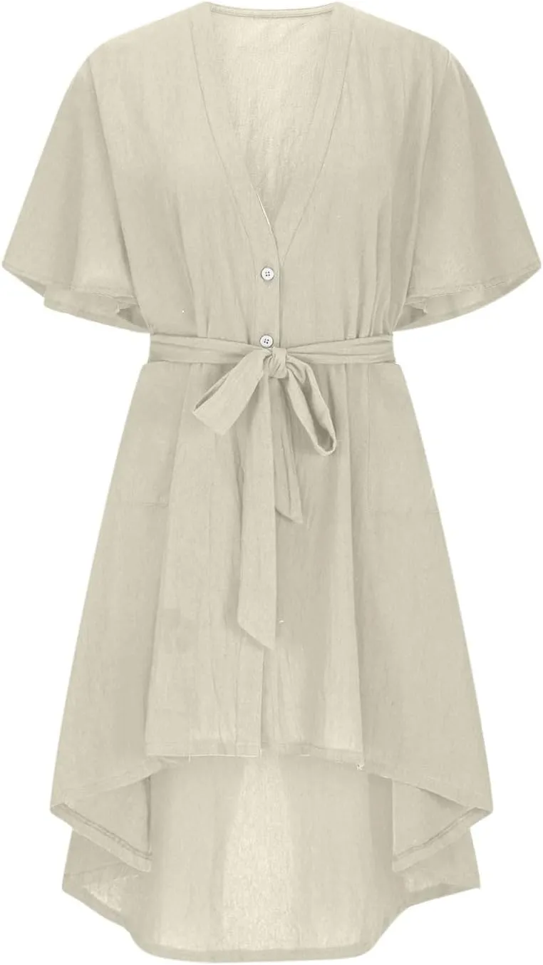 Womens Summer Button Down Shirt Dress Casual Floral Short Sleeve Sexy V Neck Midi Dress Tie Waist High Low Sundress