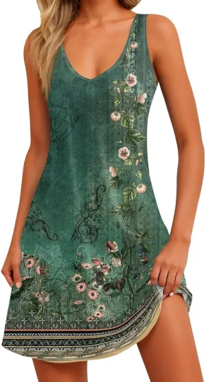 Women's Summer Dresses 2025 Beach Casual Sleeveless Floral Print Boho Tank Dress V Neck Ruffle Dresses