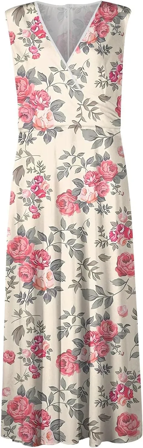 Womens Summer Dresses 2025 Floral Sleeveless V Neck Maxi Dresses High Waisted Flowy Sundresses Plus Size Beach Dress