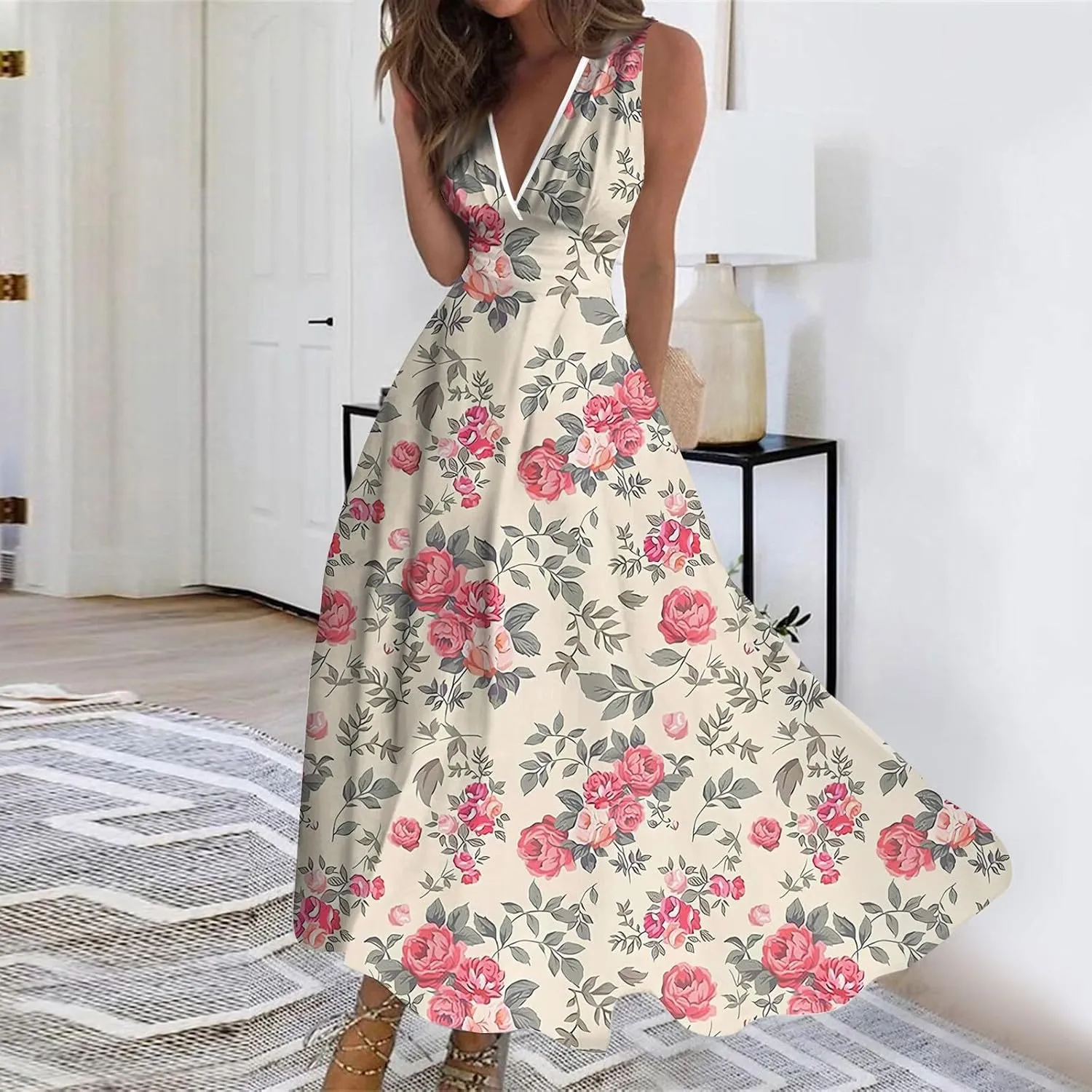 Womens Summer Dresses 2025 Floral Sleeveless V Neck Maxi Dresses High Waisted Flowy Sundresses Plus Size Beach Dress