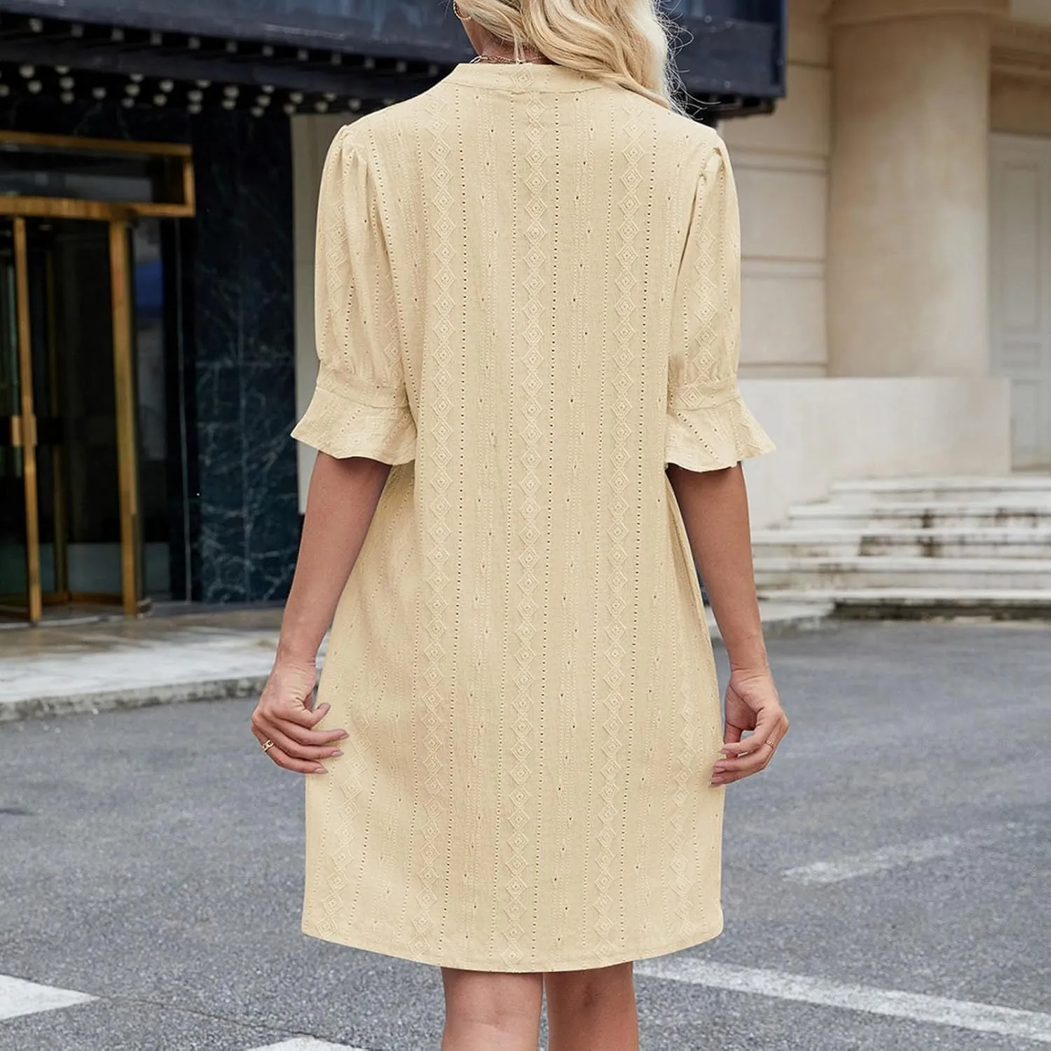 Women's Summer Short Sleeve Mini Dress Notch V Neck Ruffle Hollow Out Eyelet Dresses Flare Sleeves Loose Tunic Dress