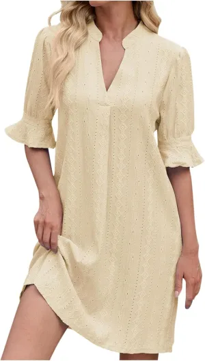 Women's Summer Short Sleeve Mini Dress Notch V Neck Ruffle Hollow Out Eyelet Dresses Flare Sleeves Loose Tunic Dress