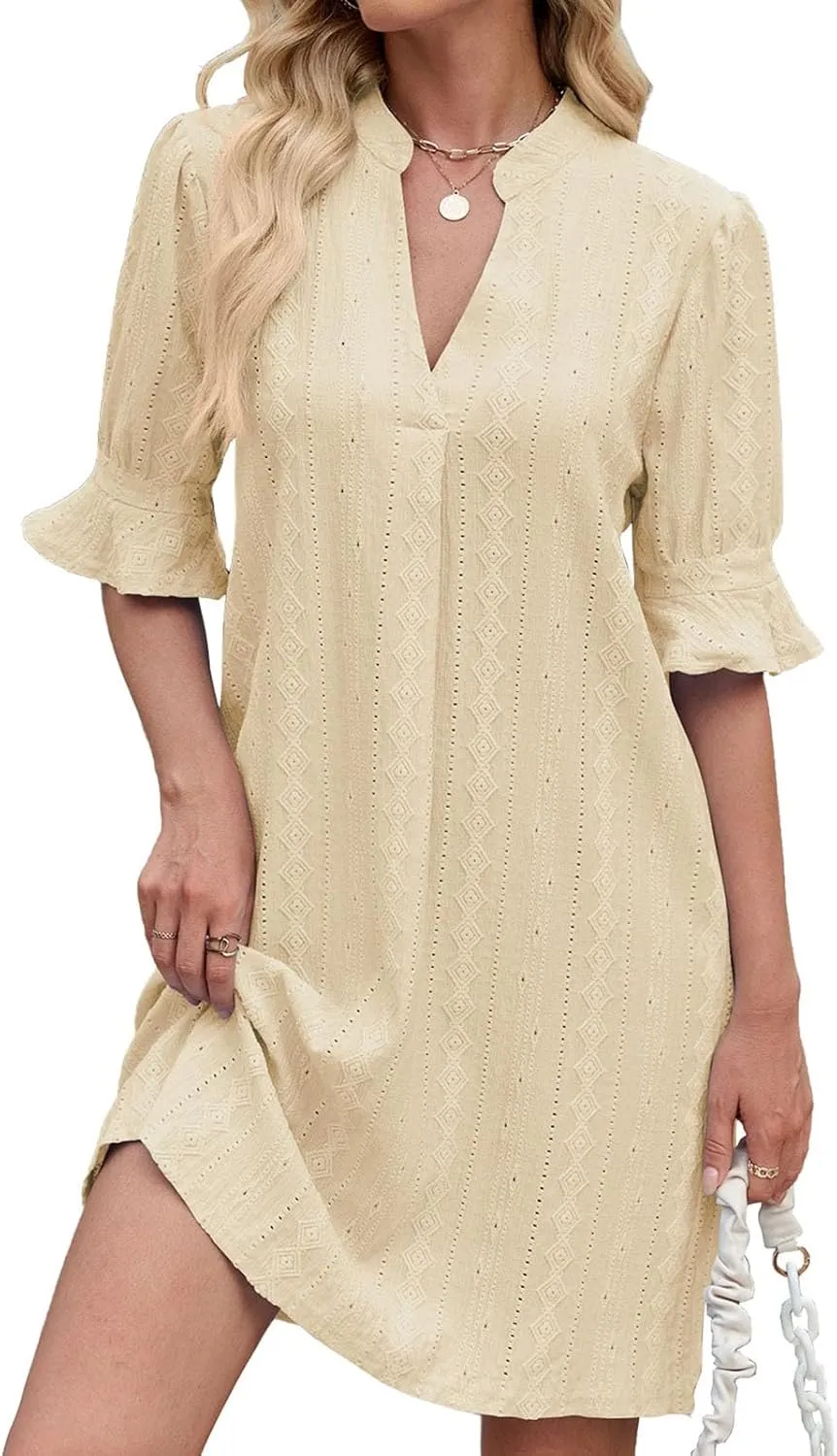 Women's Summer Short Sleeve Mini Dress Notch V Neck Ruffle Hollow Out Eyelet Dresses Flare Sleeves Loose Tunic Dress