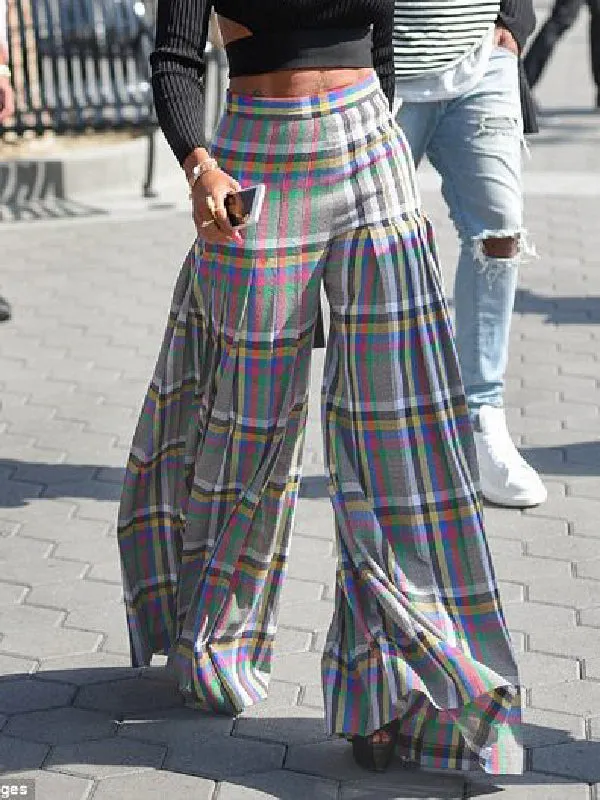 xakxx Stylish Selection Wide Leg Loose Pleated Checkered Casual Pants Bottoms