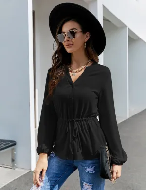 YESFASHION Women's Red Top Button Ruffle Long Sleeve Shirt Black